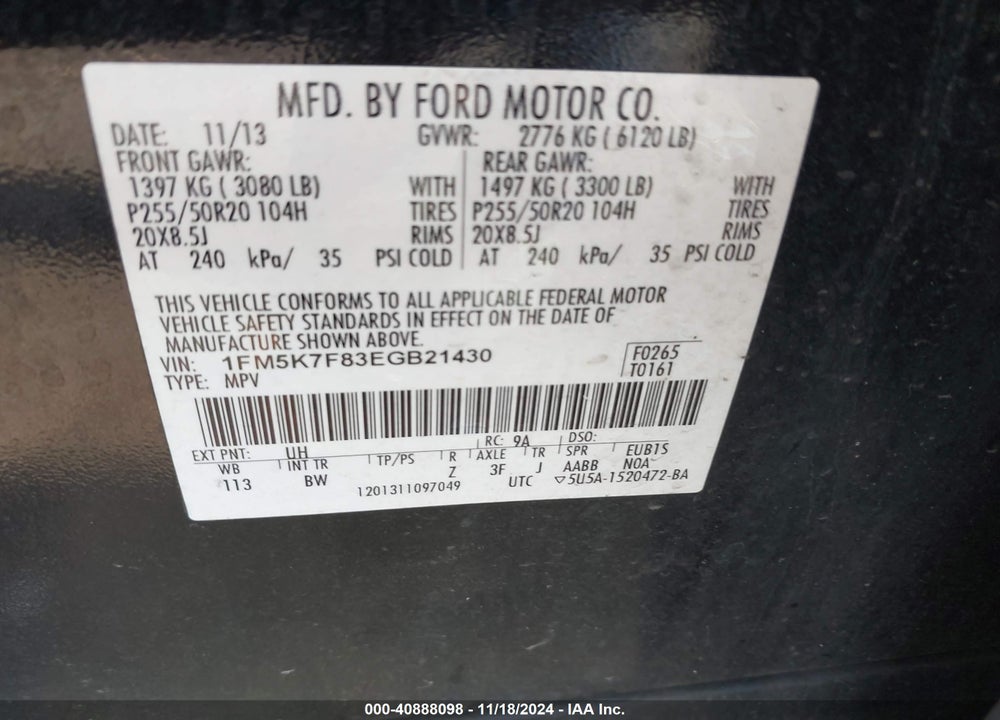 2014 FORD EXPLORER LIMITED VIN: 1FM5K7F83EGB21430