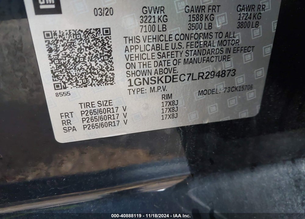 2020 CHEVROLET TAHOE 4WD COMMERCIAL FLEET VIN: 1GNSKDEC7LR294873