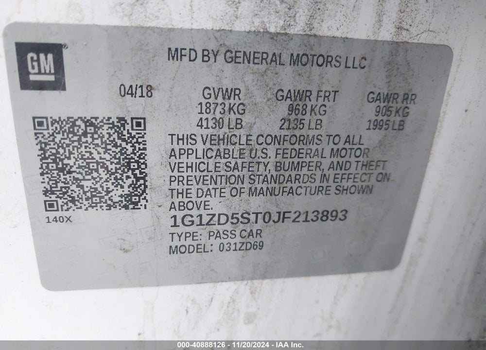 2018 CHEVROLET MALIBU LT VIN: 1G1ZD5ST0JF213893