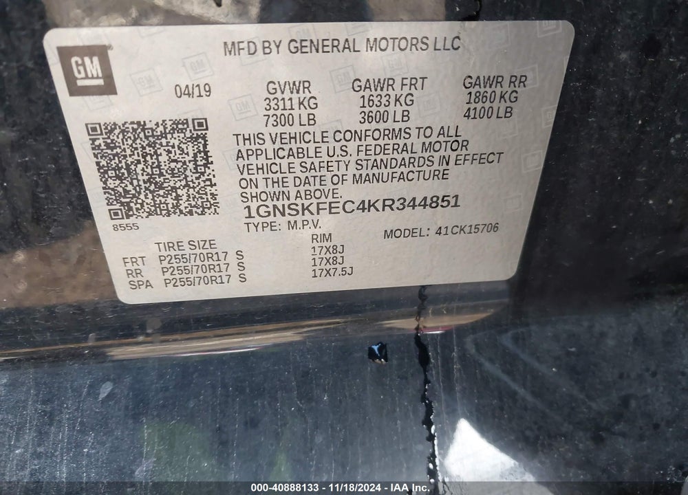 2019 CHEVROLET TAHOE COMMERCIAL FLEET VIN: 1GNSKFEC4KR344851