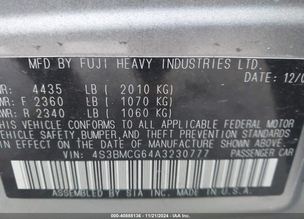 2010 SUBARU LEGACY 2.5I PREMIUM VIN: 4S3BMCG64A3230777
