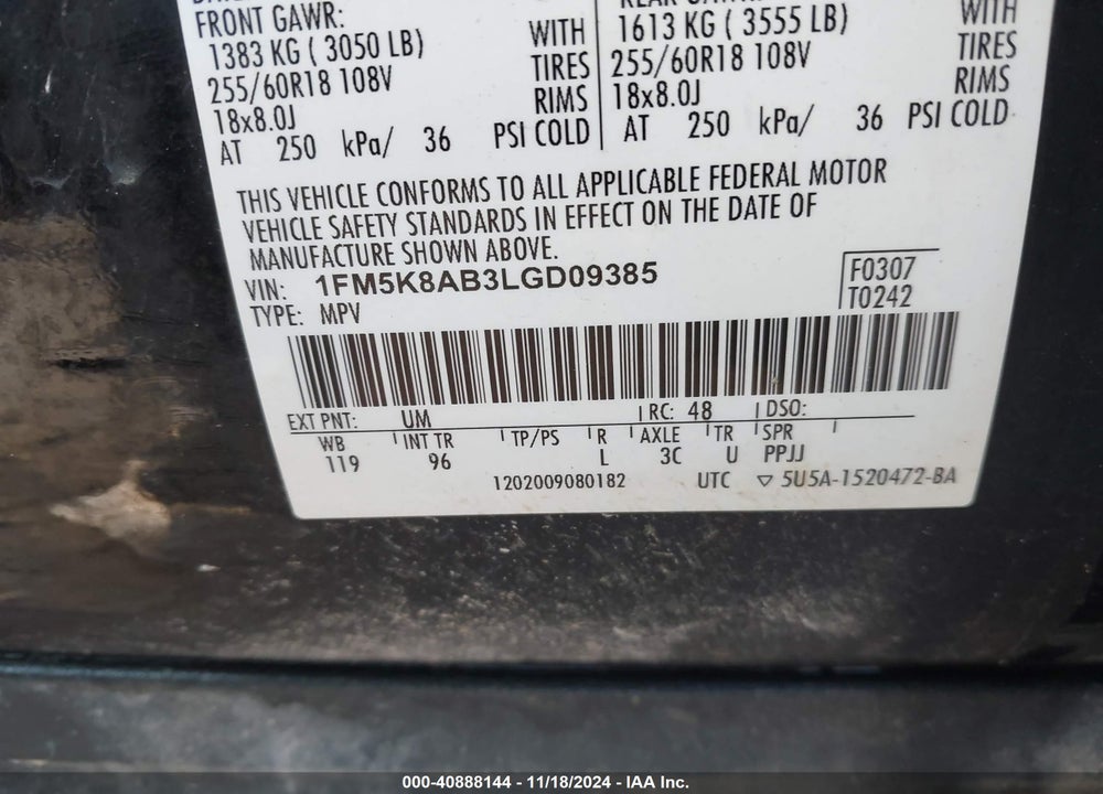 2020 FORD POLICE INTERCEPTOR UTILITY VIN: 1FM5K8AB3LGD09385