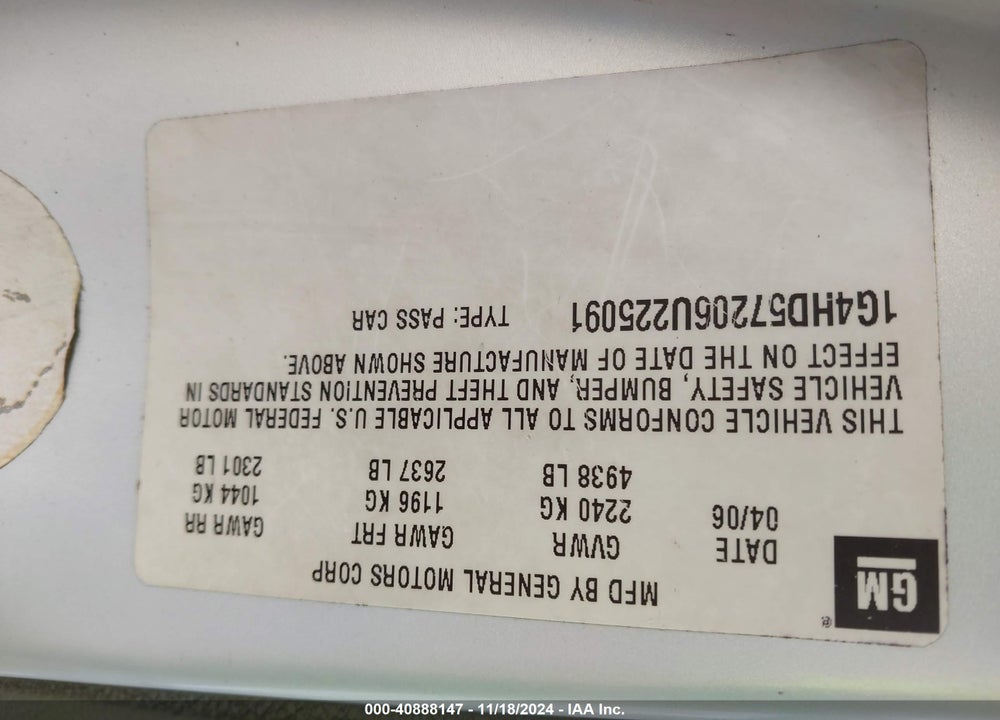 2006 BUICK LUCERNE CXL VIN: 1G4HD57206U225091