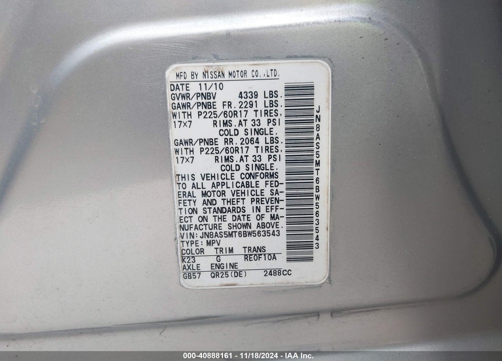 2011 NISSAN ROGUE SV VIN: JN8AS5MT6BW563543