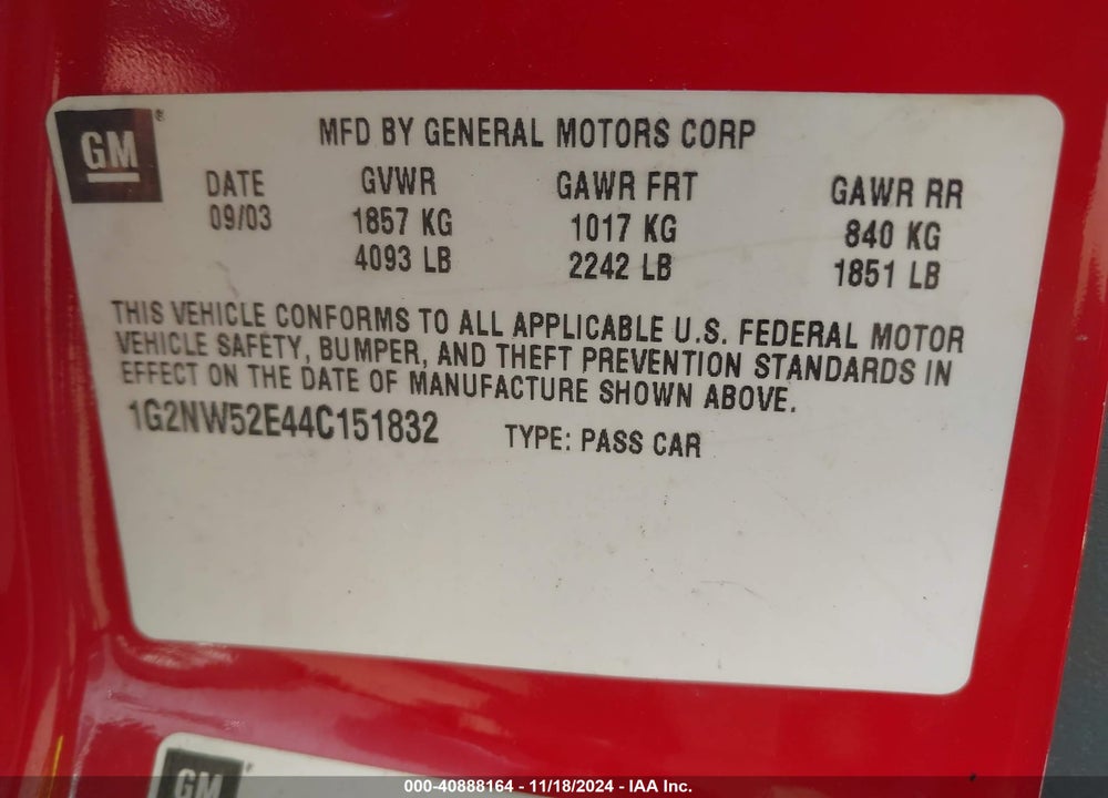 2004 PONTIAC GRAND AM GT VIN: 1G2NW52E44C151832