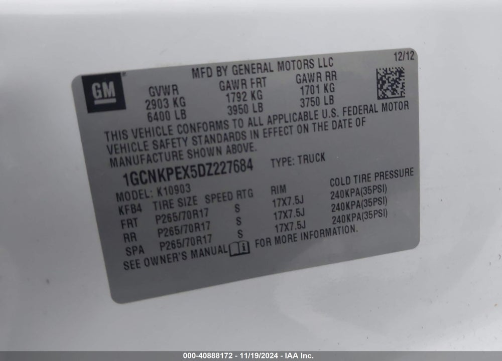 2013 CHEVROLET SILVERADO 1500 WORK TRUCK VIN: 1GCNKPEX5DZ227684