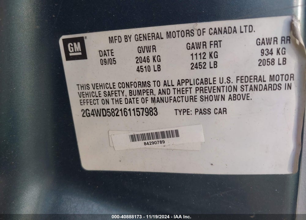 2006 BUICK LACROSSE VIN: 2G4WD582161157983