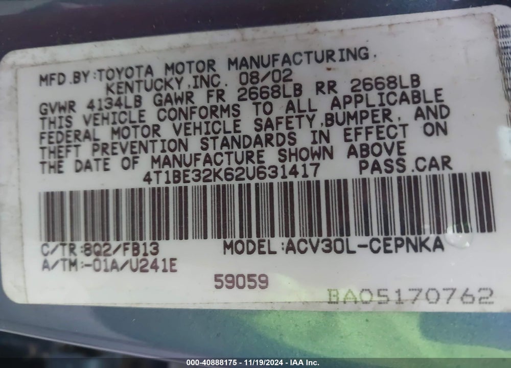 2002 TOYOTA CAMRY LE VIN: 4T1BE32K62U631417