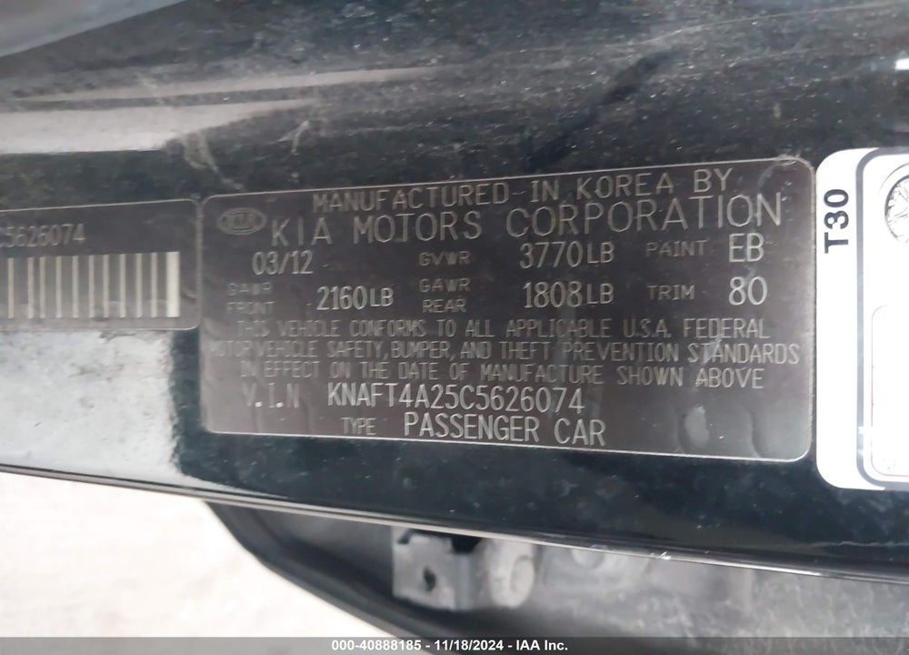 2012 KIA FORTE LX VIN: KNAFT4A25C5626074