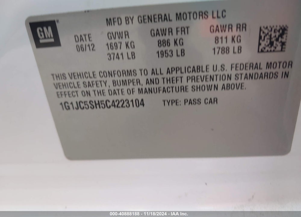 2012 CHEVROLET SONIC 2LT VIN: 1G1JC5SH5C4223104