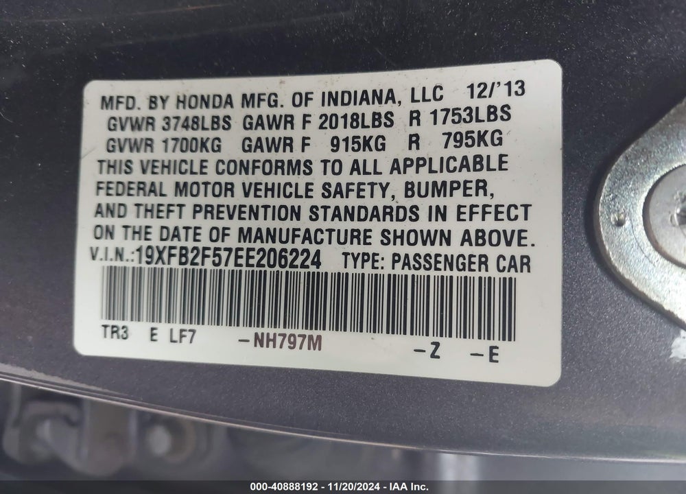 2014 HONDA CIVIC LX VIN: 19XFB2F57EE206224