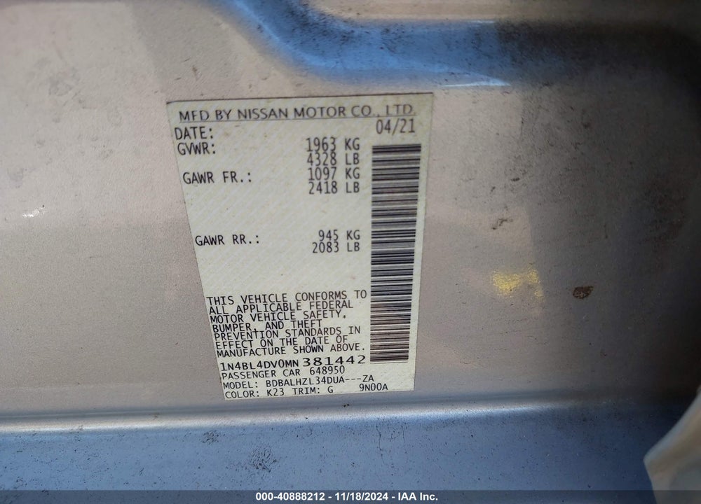 2021 NISSAN ALTIMA SV FWD VIN: 1N4BL4DV0MN381442