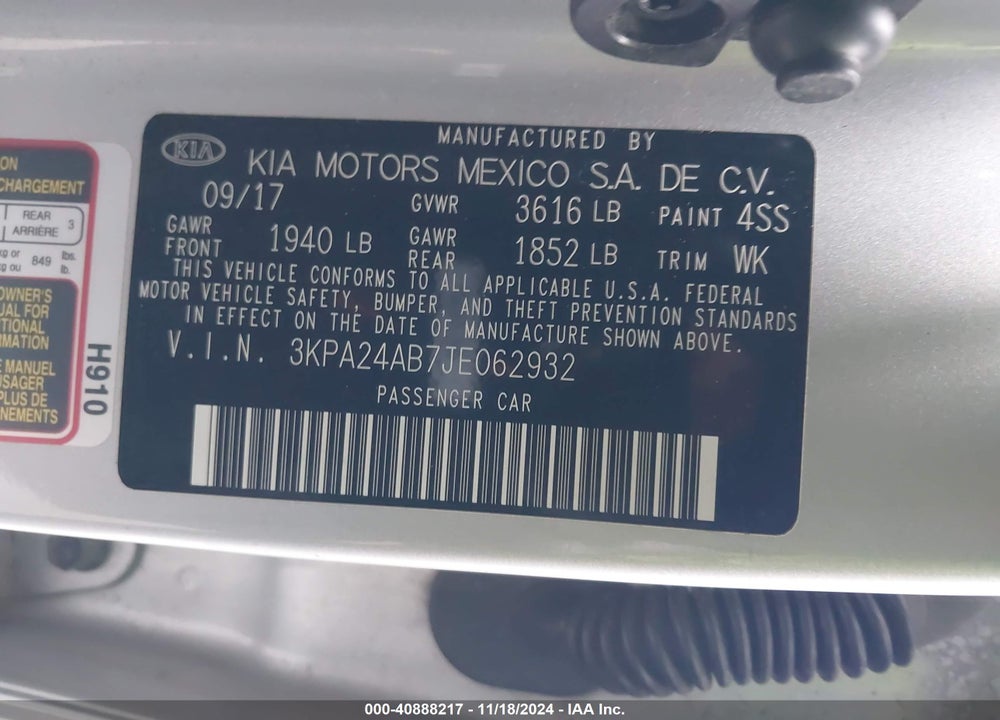2018 KIA RIO VIN: 3KPA24AB7JE062932