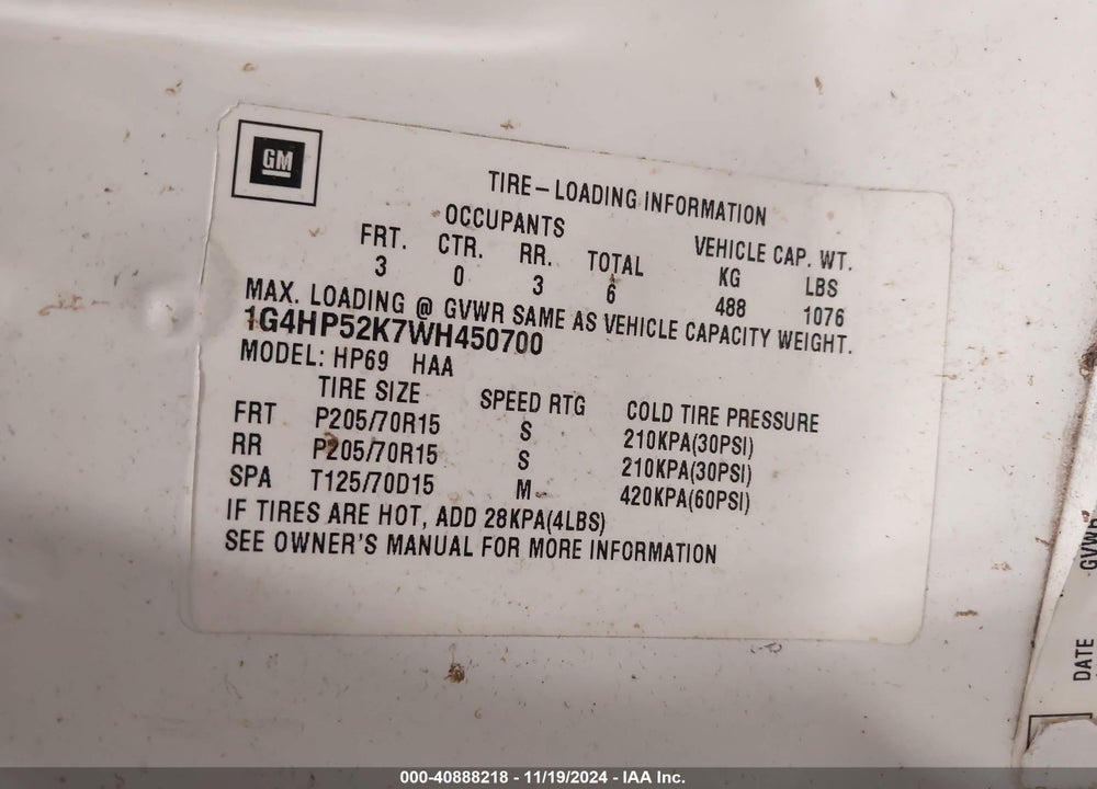 1998 BUICK LESABRE CUSTOM VIN: 1G4HP52K7WH450700