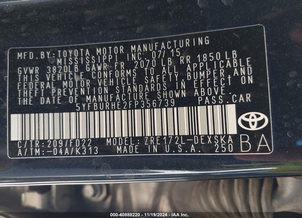 2015 TOYOTA COROLLA VIN: 5YFBURHE2FP356739