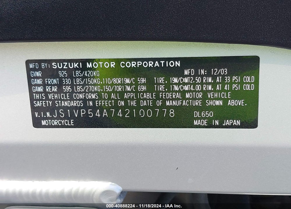 2004 SUZUKI DL650 K VIN: JS1VP54A742100778