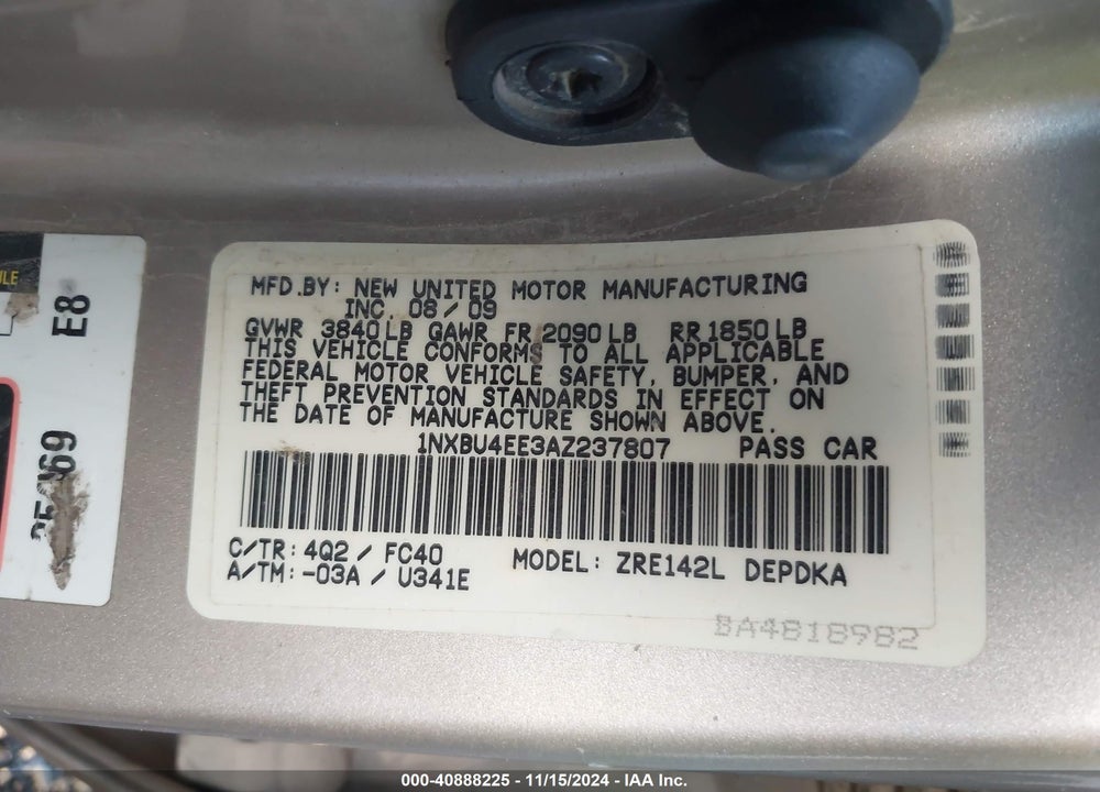 2010 TOYOTA COROLLA LE VIN: 1NXBU4EE3AZ237807