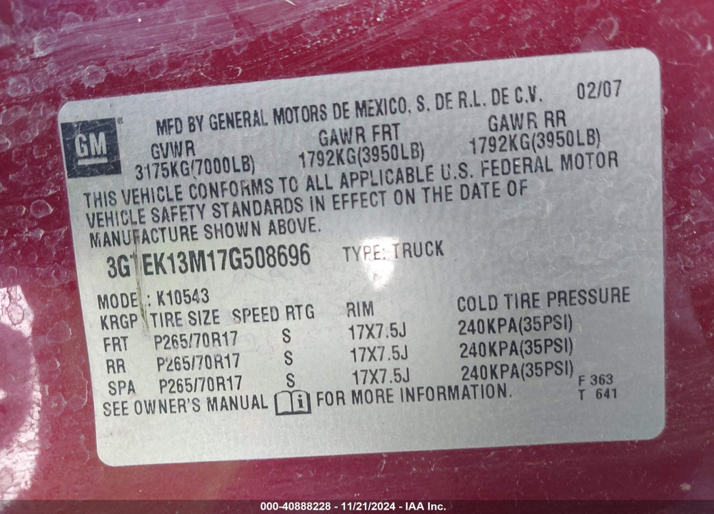 2007 GMC SIERRA 1500 SLE1 VIN: 3GTEK13M17G508696
