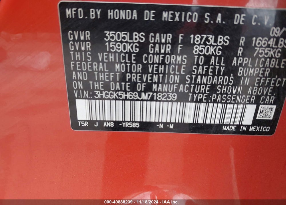 2018 HONDA FIT SPORT VIN: 3HGGK5H69JM718239