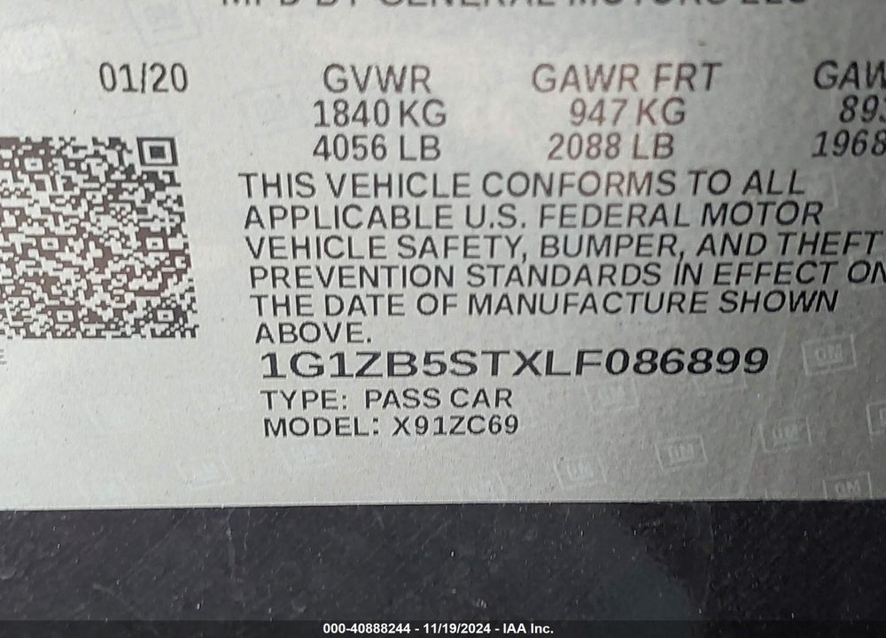 2020 CHEVROLET MALIBU FWD LS VIN: 1G1ZB5STXLF086899