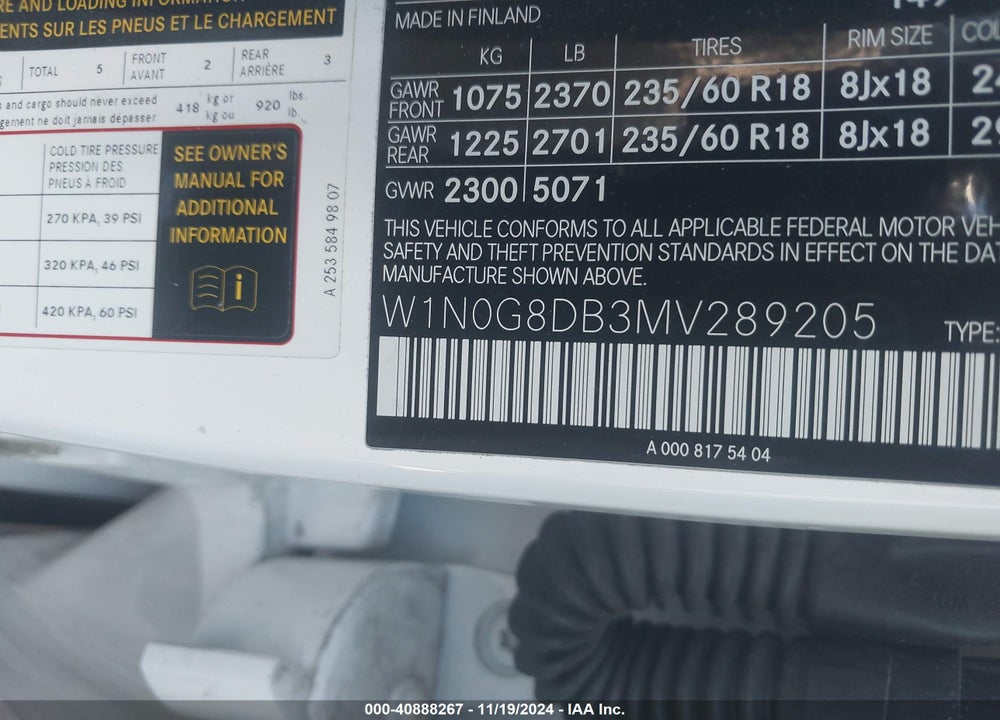 2021 MERCEDES-BENZ GLC 300 SUV VIN: W1N0G8DB3MV289205