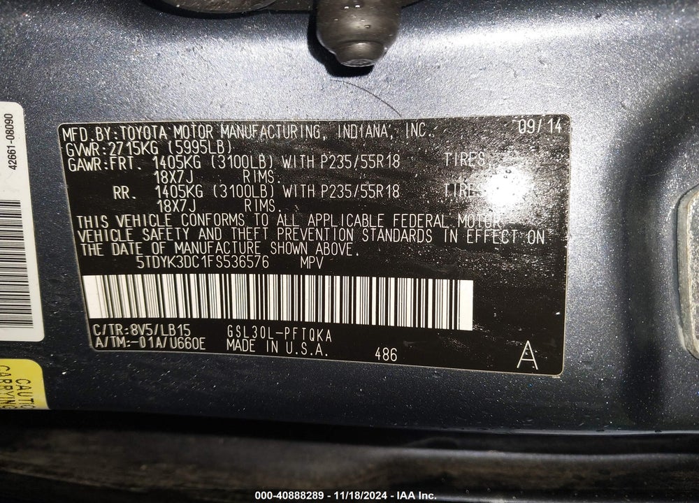 2015 TOYOTA SIENNA LIMITED 7 PASSENGER VIN: 5TDYK3DC1FS536576