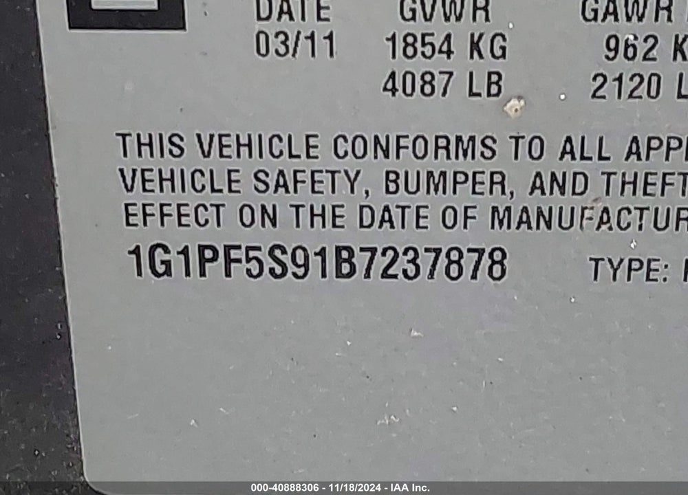 2011 CHEVROLET CRUZE 1LT VIN: 1G1PF5S91B7237878