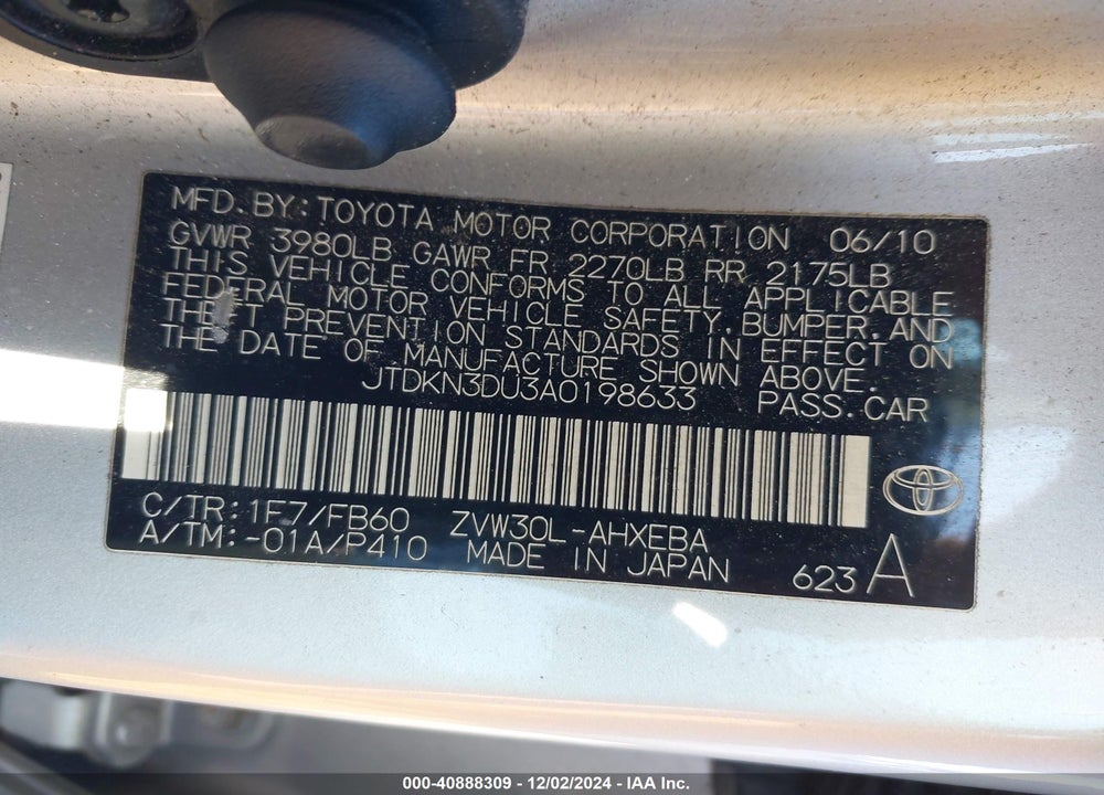 2010 TOYOTA PRIUS III VIN: JTDKN3DU3A0198633