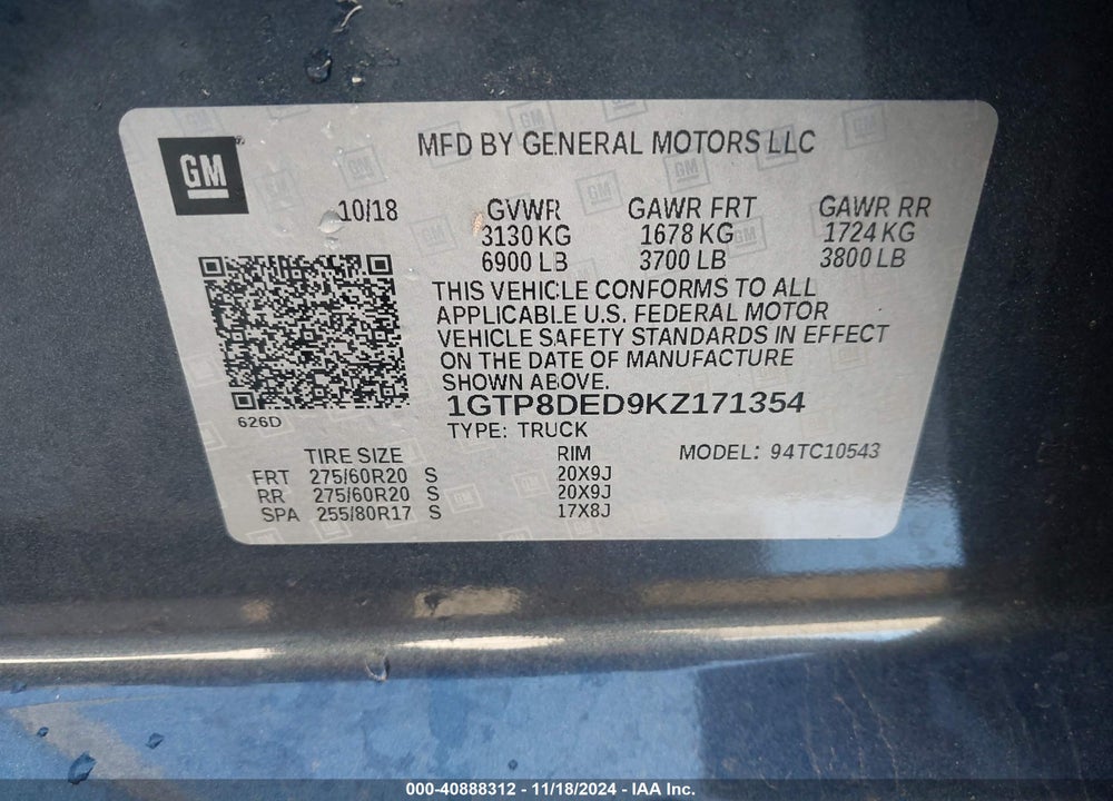 2019 GMC SIERRA 1500 VIN: 1GTP8DED9KZ171354