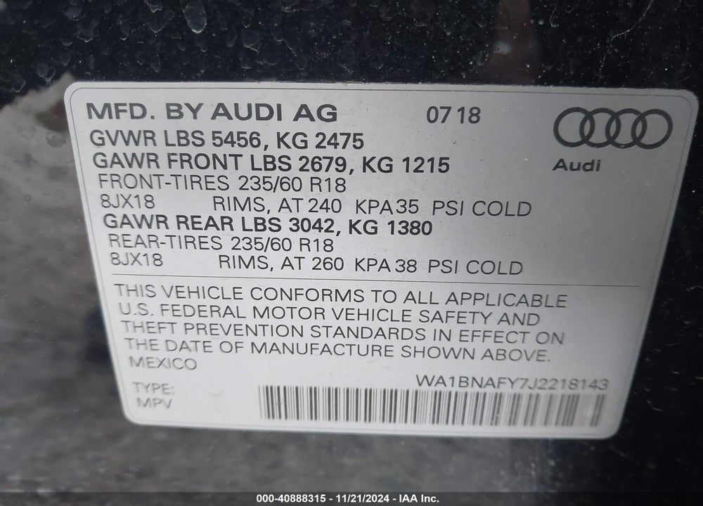 2018 AUDI Q5 2.0T PREMIUM/2.0T TECH PREMIUM VIN: WA1BNAFY7J2218143