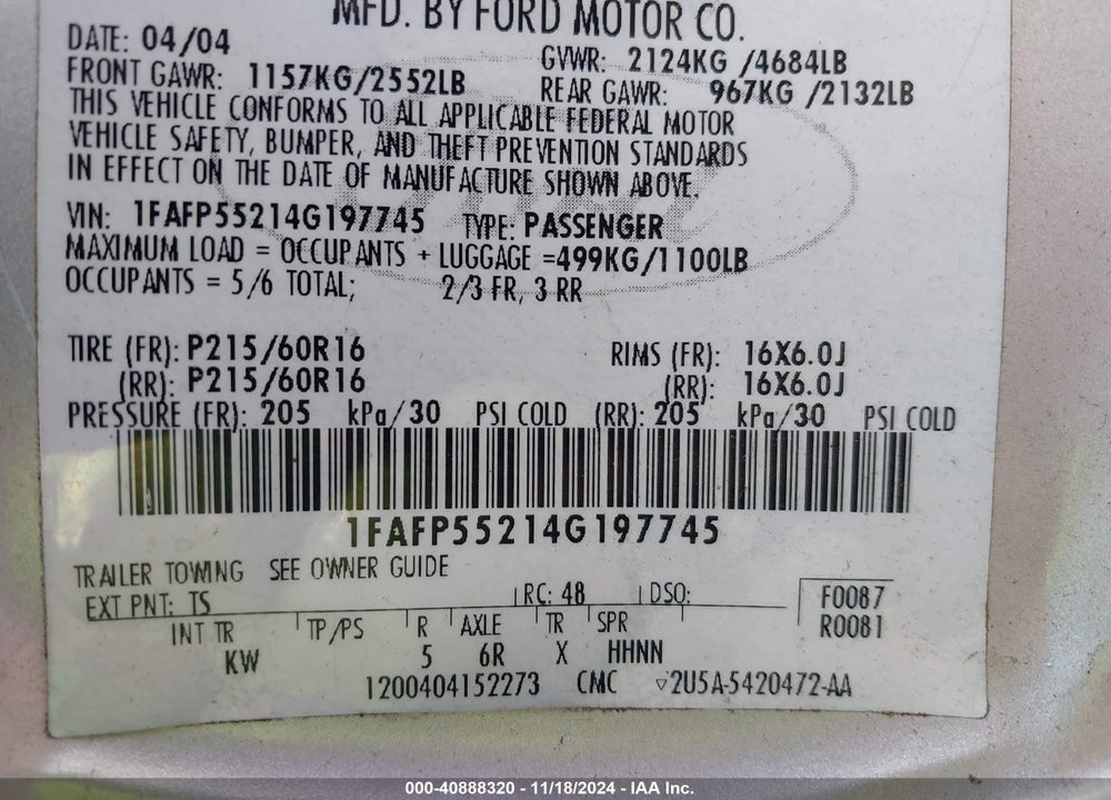 2004 FORD TAURUS SES VIN: 1FAFP55214G197745