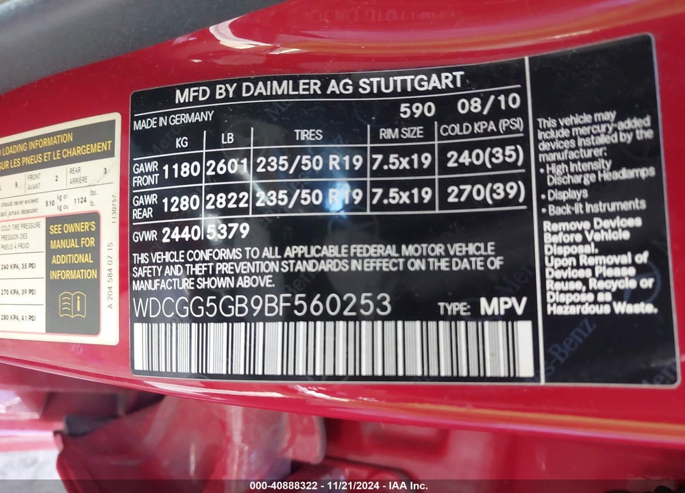 2011 MERCEDES-BENZ GLK 350 VIN: WDCGG5GB9BF560253