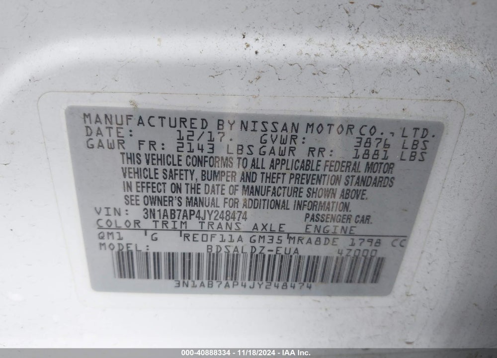 2018 NISSAN SENTRA SV VIN: 3N1AB7AP4JY248474
