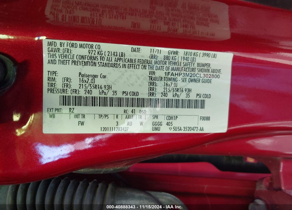 2012 FORD FOCUS SEL VIN: 1FAHP3M20CL302800