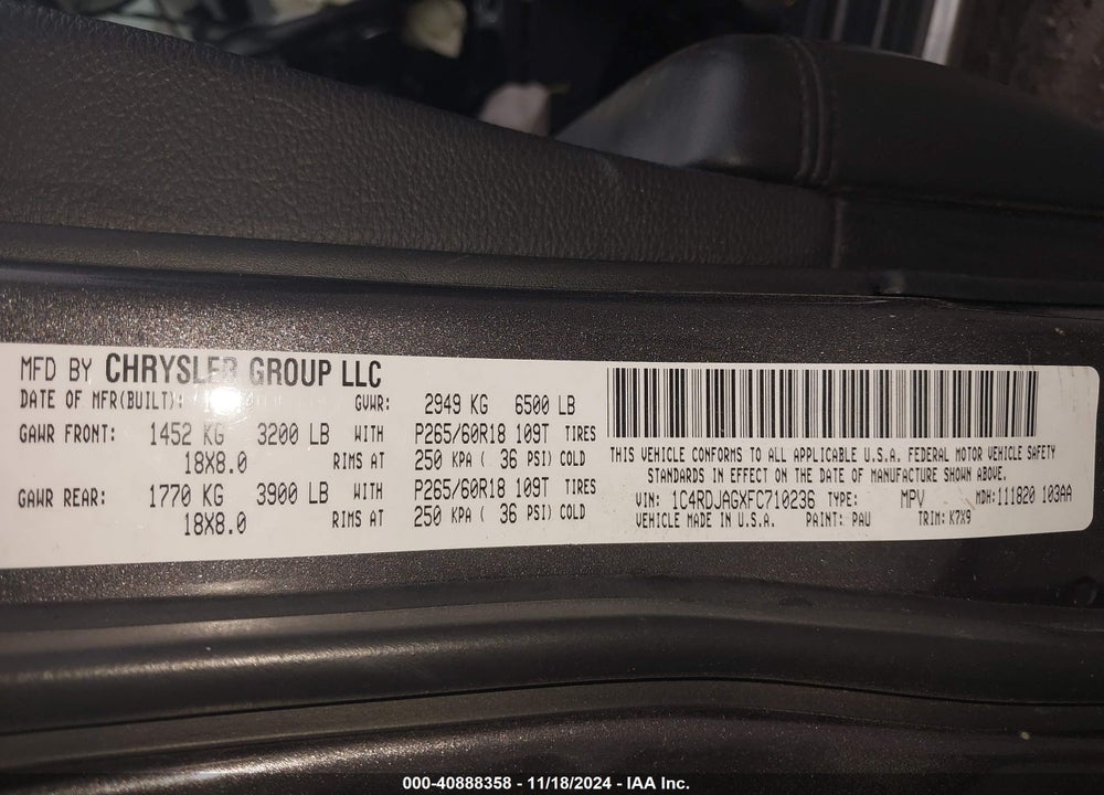 2015 DODGE DURANGO SXT VIN: 1C4RDJAGXFC710236