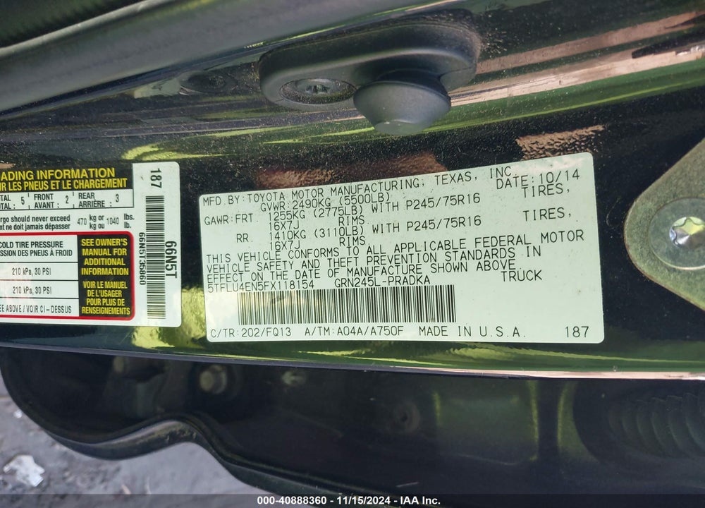 2015 TOYOTA TACOMA BASE V6 VIN: 5TFLU4EN5FX118154