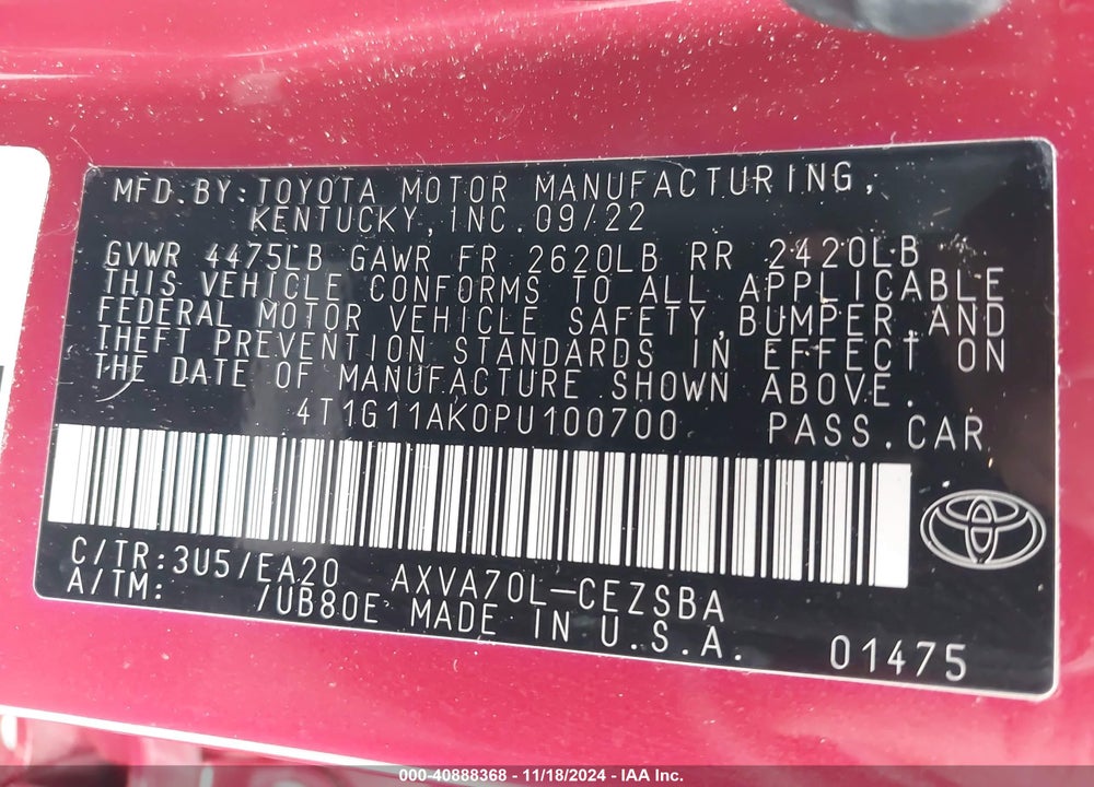 2023 TOYOTA CAMRY VIN: 4T1G11AK0PU100700