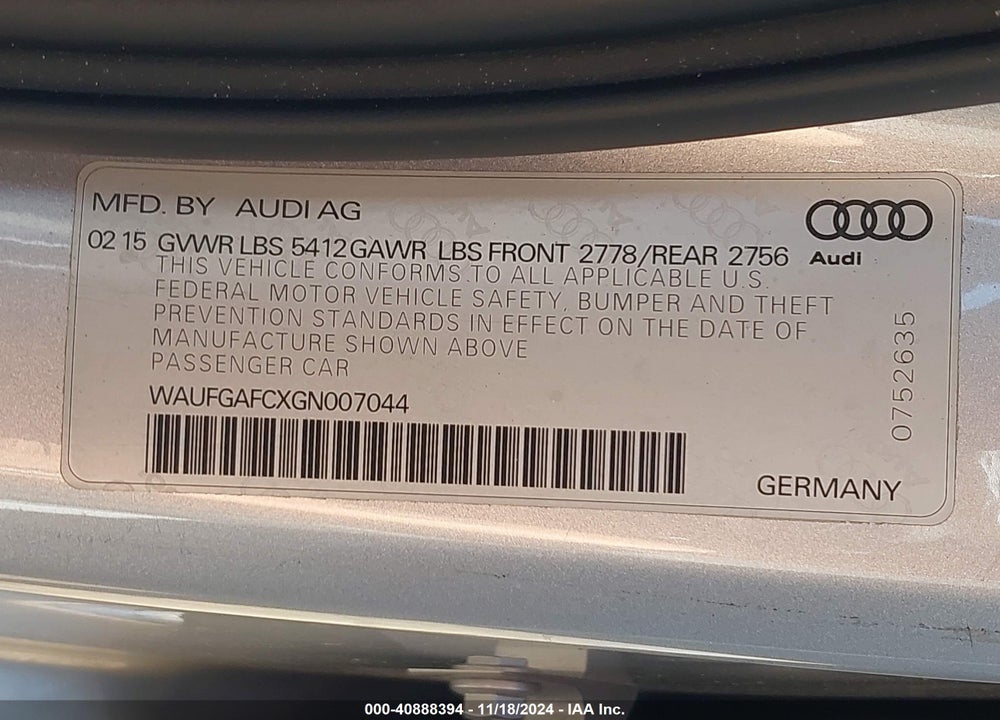 2016 AUDI A6 3.0T PREMIUM PLUS VIN: WAUFGAFCXGN007044