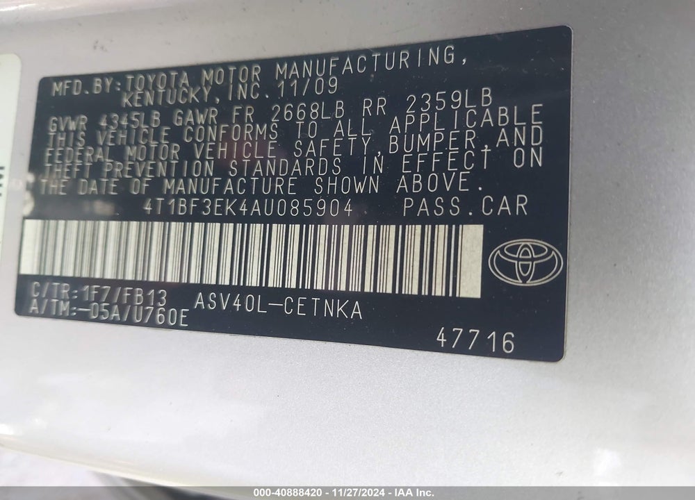 2010 TOYOTA CAMRY LE VIN: 4T1BF3EK4AU085904