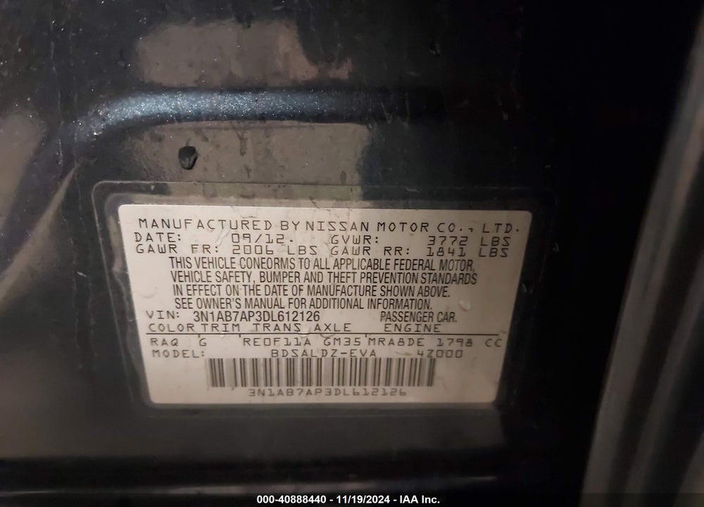 2013 NISSAN SENTRA SV VIN: 3N1AB7AP3DL612126