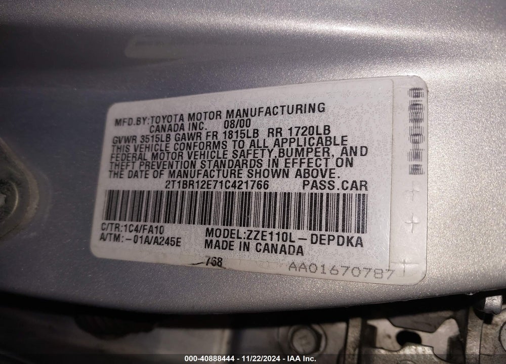 2001 TOYOTA COROLLA LE VIN: 2T1BR12E71C421766