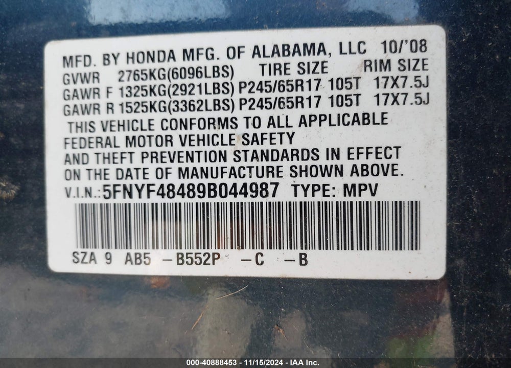 2009 HONDA PILOT VIN: 5FNYE484898044987