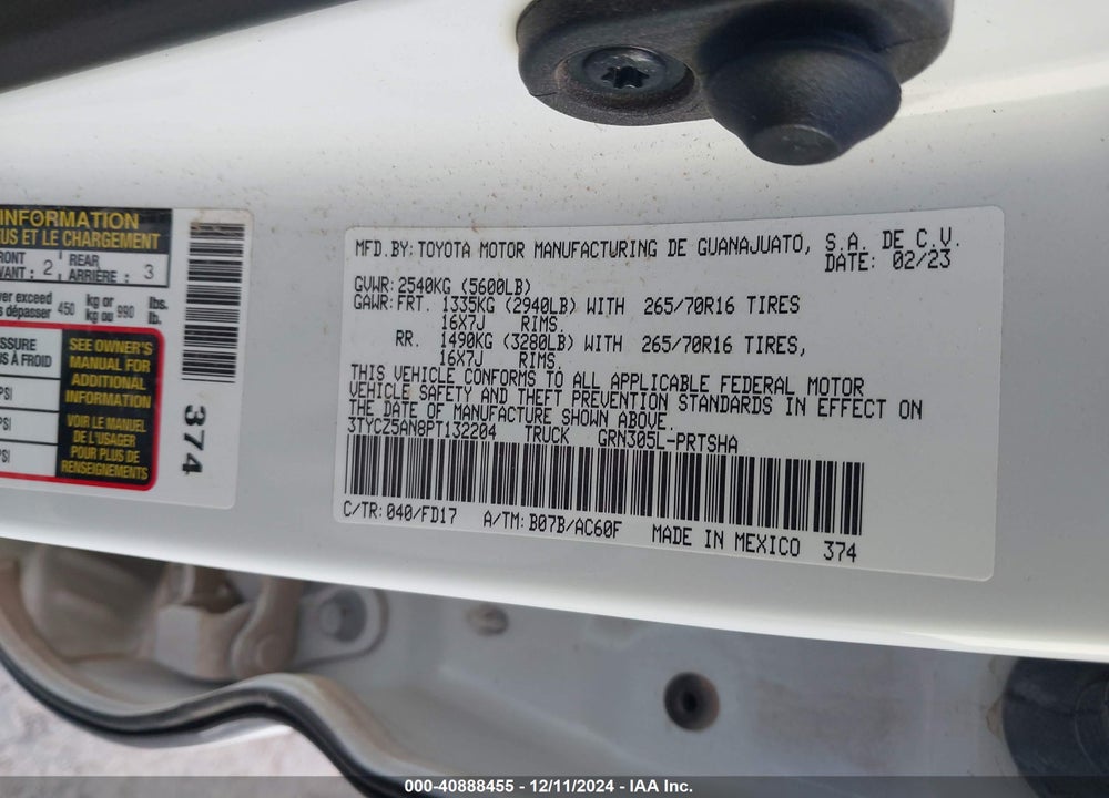 2023 TOYOTA TACOMA VIN: 3TYCZ5AN8PT132204