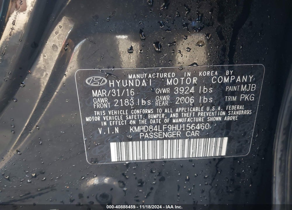 2017 HYUNDAI ELANTRA LIMITED VIN: KMHD84LF9HU156460