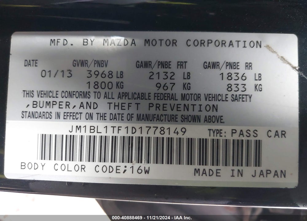 2013 MAZDA MAZDA3 VIN: JM1BL1TF1D1778149