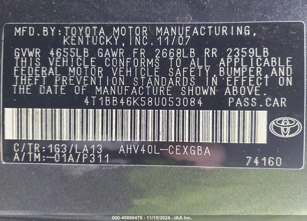 2008 TOYOTA CAMRY HYBRID VIN: 4T1BB46K58U053084