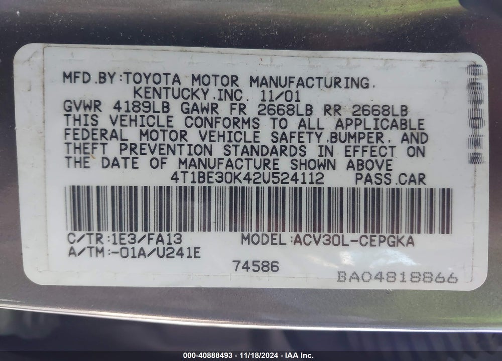 2002 TOYOTA CAMRY XLE VIN: 4T1BE30K42U524112