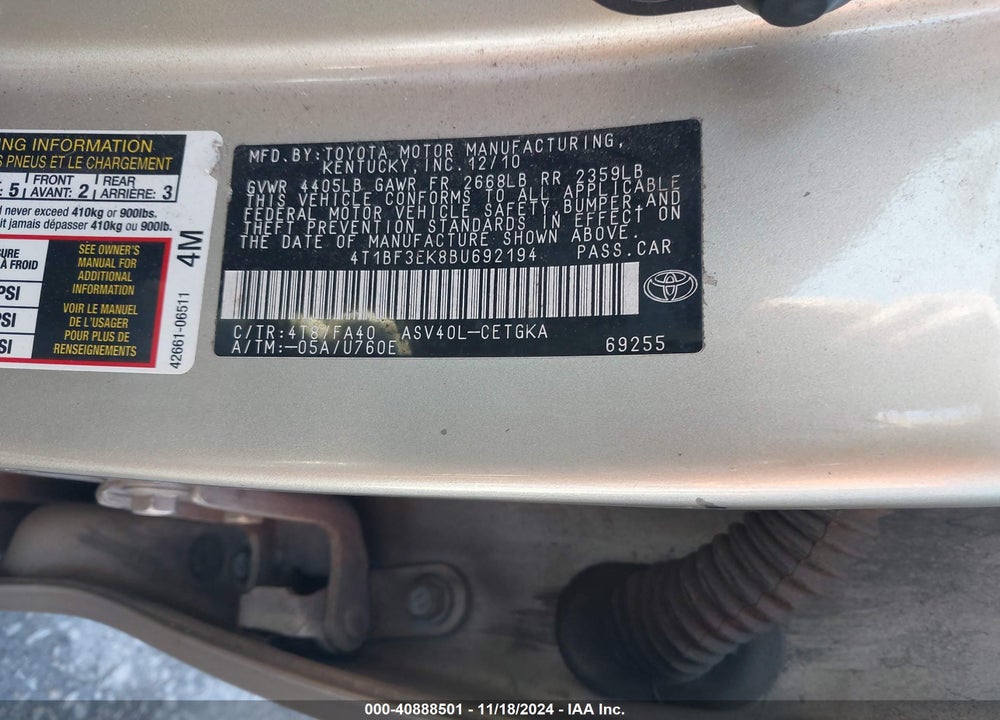 2011 TOYOTA CAMRY XLE VIN: 4T1BF3EK8BU692194