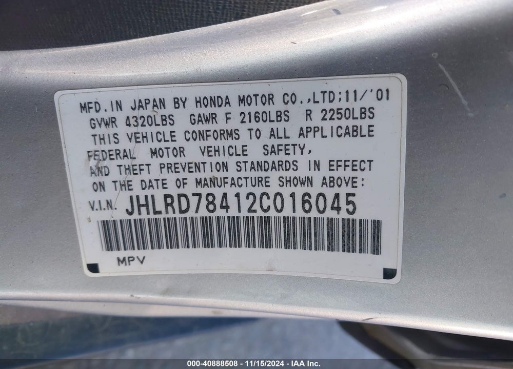 2002 HONDA CR-V LX VIN: JHLRD78412C016045