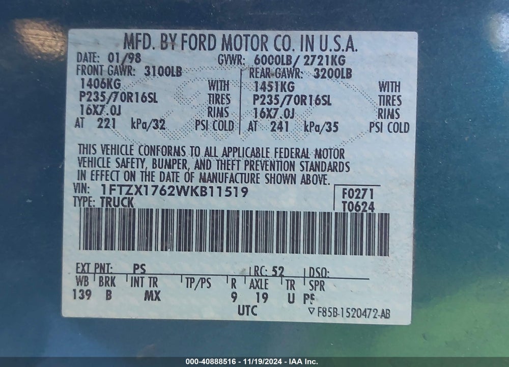 1998 FORD F-150 LARIAT/STANDARD/XL/XLT VIN: 1FTZX1762WKB11519